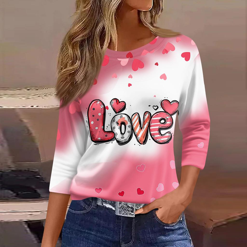 Women's Fashion Casual Round Neck 3/4 Sleeve Loose  Printed T-Shirt Ladies Top