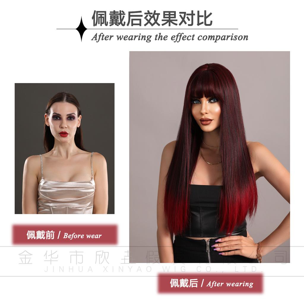 Attention To Ordering - Wig Long Straight Hair European American Style Black Gradient Red Curly Headband Full Top 24 Inches
