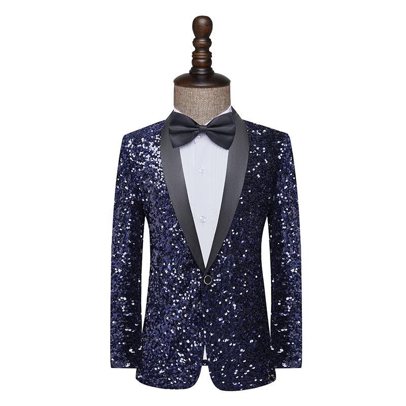 

Men s Navy Blue Sequin Glitter Tuxedo Jacket for Stage Performance and Nightclub DJ. Medium
