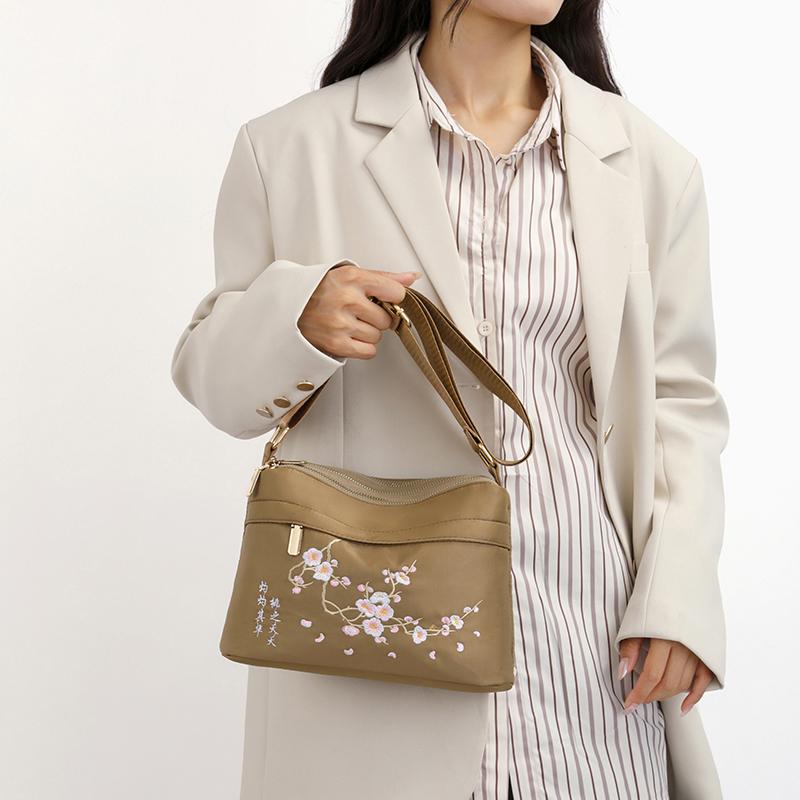 Embroidered Shoulder Bag Women's Crossbody Bag Large Capacity Multi-compartment Nylon Bag