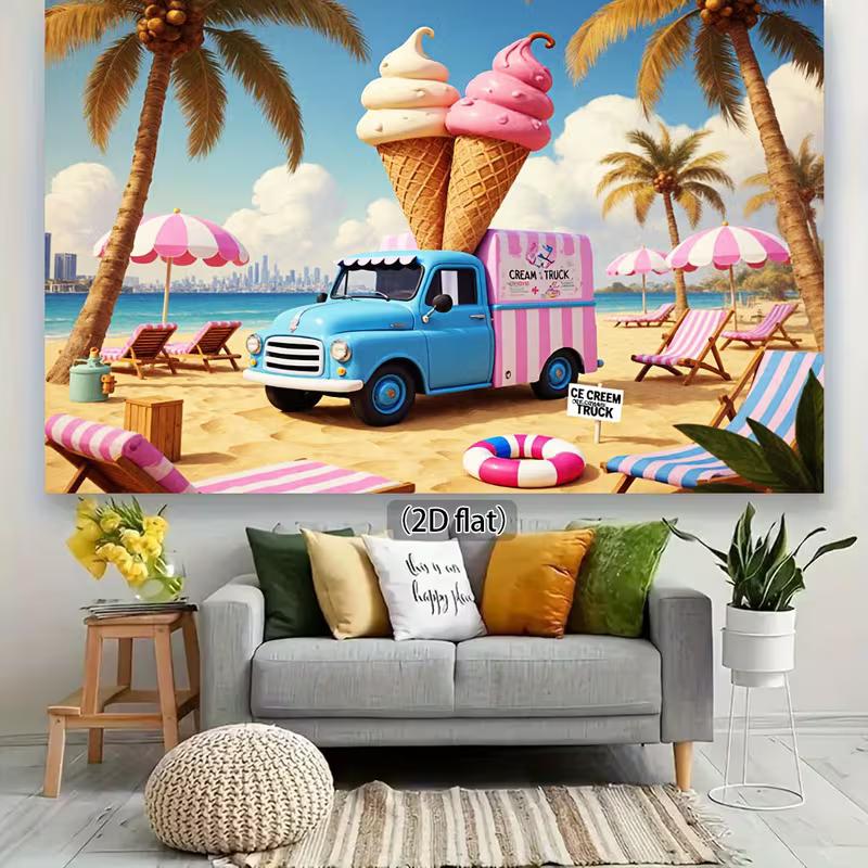 2D Whimsical Ice Cream Truck Backdrop for Kids Summer Birthday