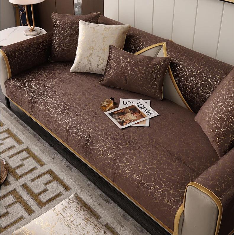 High-end Black Gold Leather Sofa Cushion Modern Non-slip Anti Cat Scratching Chair Pad Satin Edging Recliner Cover Towel Winter