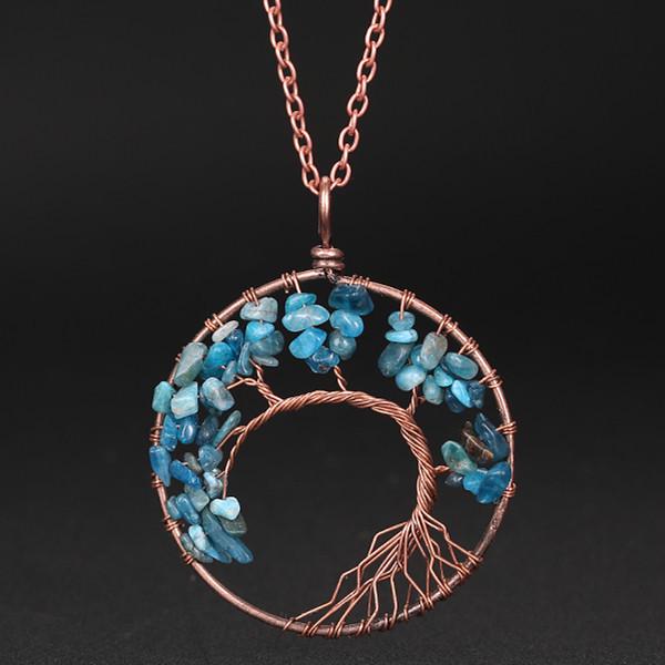 Hand-Wound Natural Stone Crystal Ancient Red Copper Curved Tree Of Life Curved Tree Necklace N01