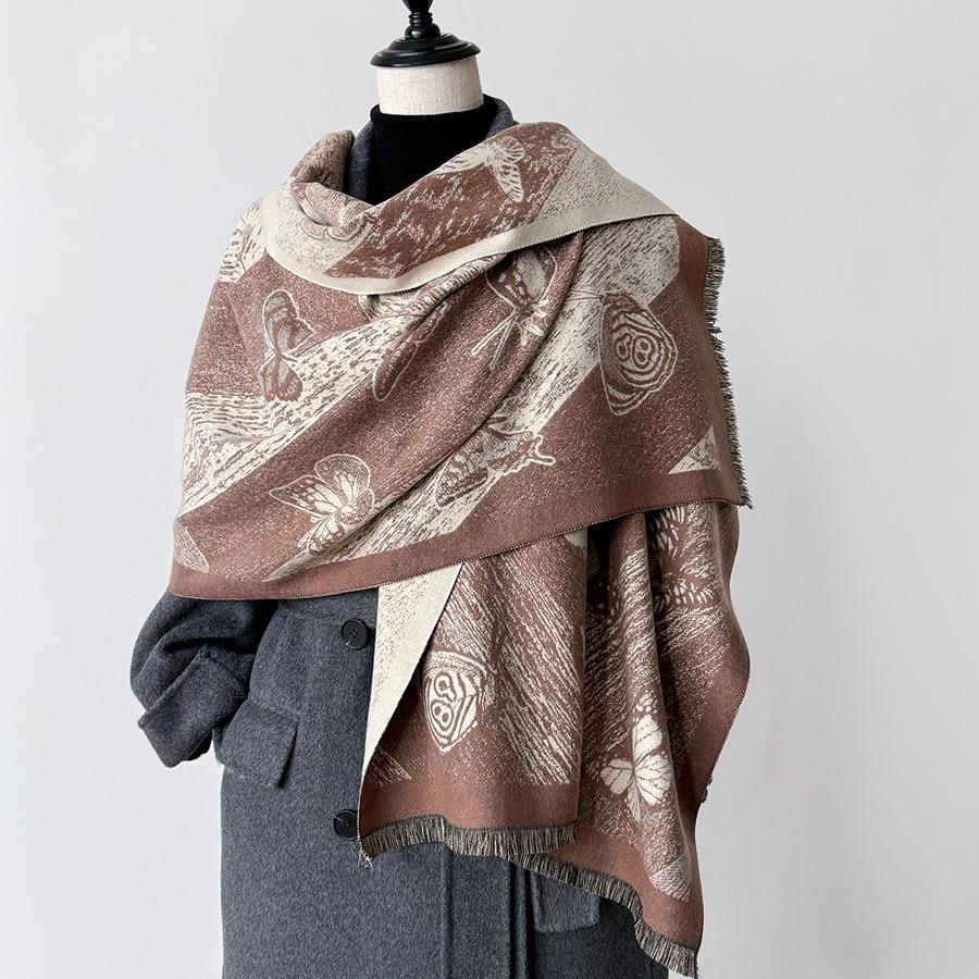 Luxury Butterfly Print Faux Cashmere Scarf: Warm, Stylish Color-Block Shawl for Women, Perfect Winter Neck Warmer