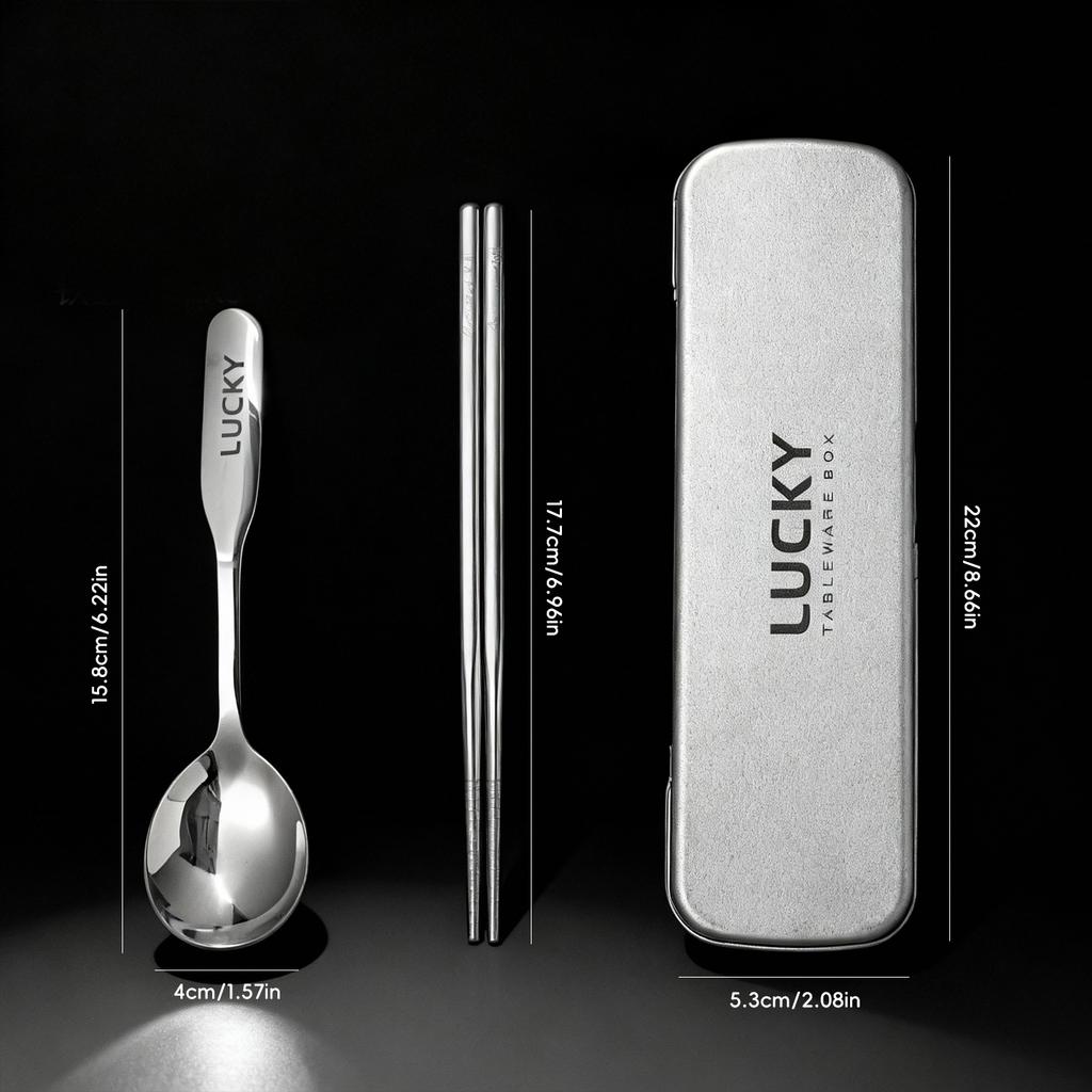 3pcs/set Cute Portable 316 Stainless Steel Tableware Chopsticks Spoons With Storage Box Reusable Outdoor Picnic Cutlery  Set