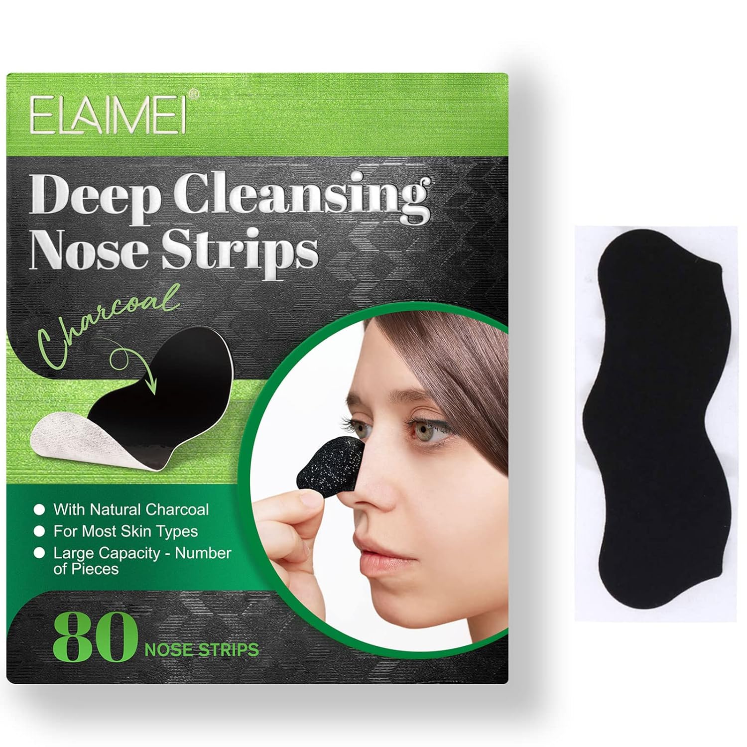 Pore Strips, 80 Pcs, Natural Charcoal Blackhead Remover Strips for All Skin Types, Pore Deep Cleansing & Minimizing Nose Strips, Instant Unclogging 80pcs