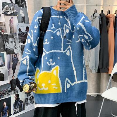 Men's Trendy Loose Fit Cat Sweater, Autumn/Winter 2021 - Unisex Korean Style Round Neck