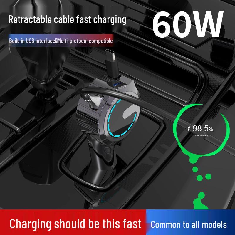 

60W Super Fast Car Charger with Retractable Cable for Huawei & Apple - Fits Car Cigarette Lighter, One-to-Three Ports 42W Type-C Fast Charging 30W + AC 2.4A