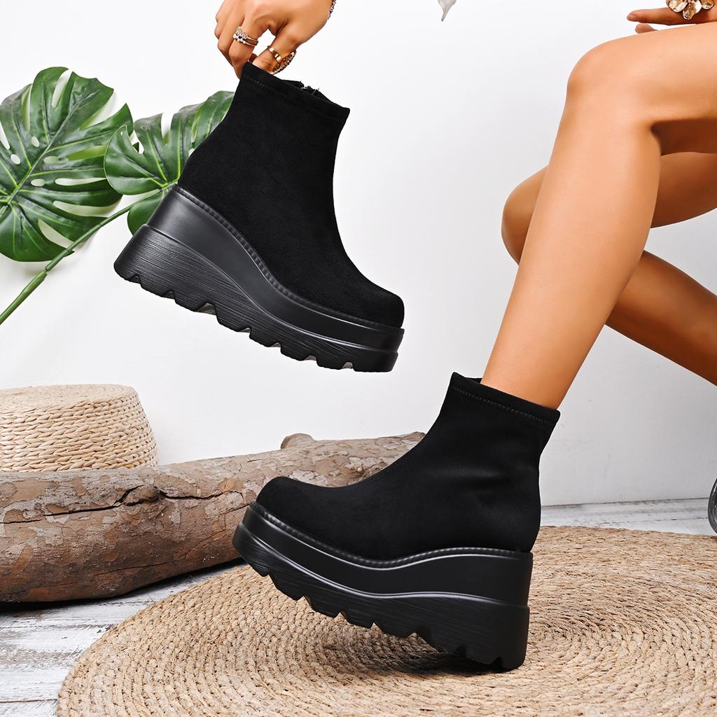 Fashion Comemore Suede Wedge Heel Ankle Boots Autumn Square Toe Chunky Platform Super High Heels Side Zip Boots Solid Black Short Botas