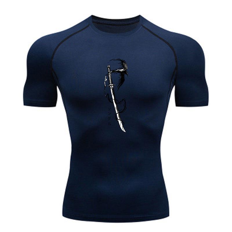 Men's Quick Dry Compression Workout T Shirt, Anime Samurai Katana Printed Athletic Undershirt for Running Training Gym F