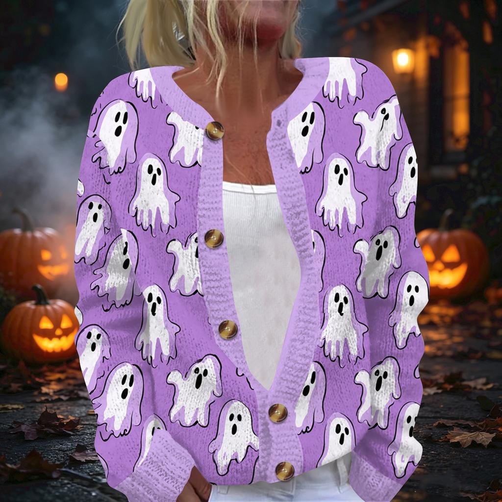Damski kardigan z dzianiny z nadrukiem na Halloween, z długim rękawem, zapinany na guziki