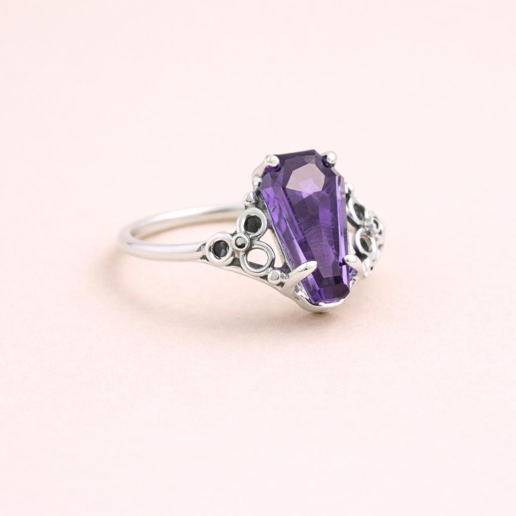 Amethyst Coffin Ring 925 Sterling Silver, 8x14mm Purple Gemstone Ring, Gothic Boho Statement Jewelry, Handmade Gift for Her