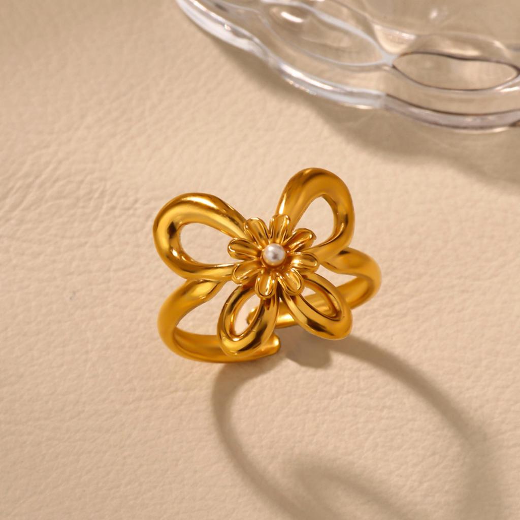 Elegant Pearl Flower Butterfly Rings For Women Stainless Steel Gold Color Wedding Ring Feamle Jewelry Accessories gifts