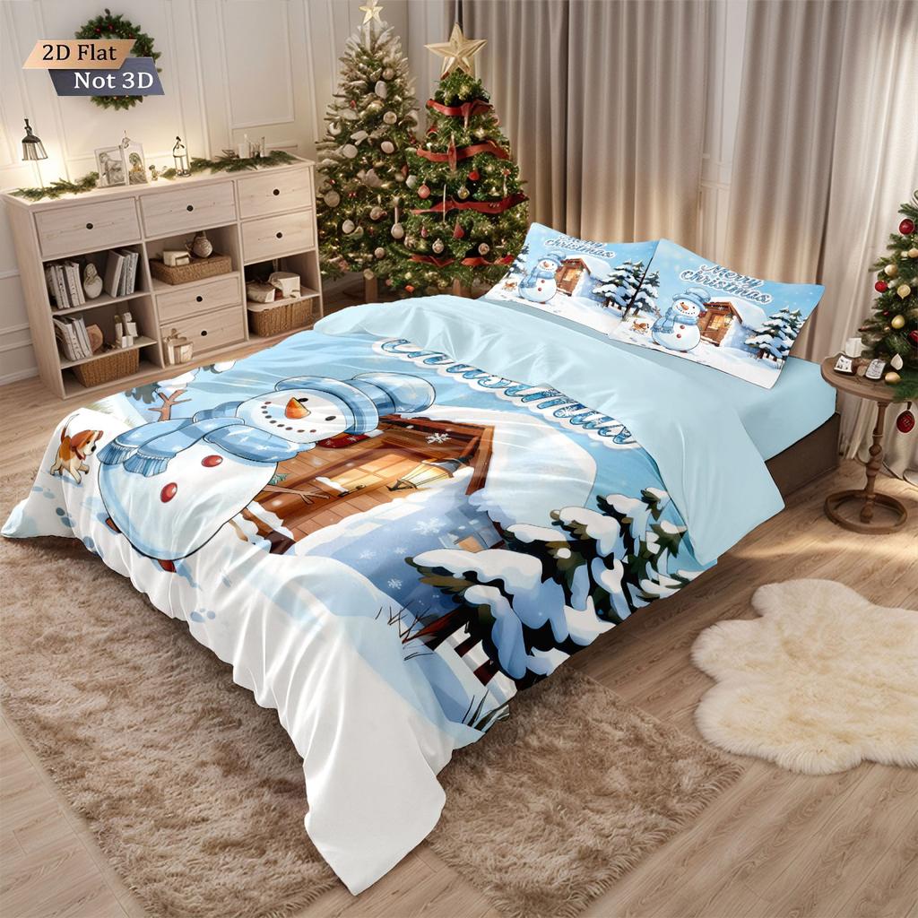 3pcs Merry Christmas Snowman Print Coreless Duvet Cover Set Multi Size Dormitory Bedding Holiday Decoration Machine Washable