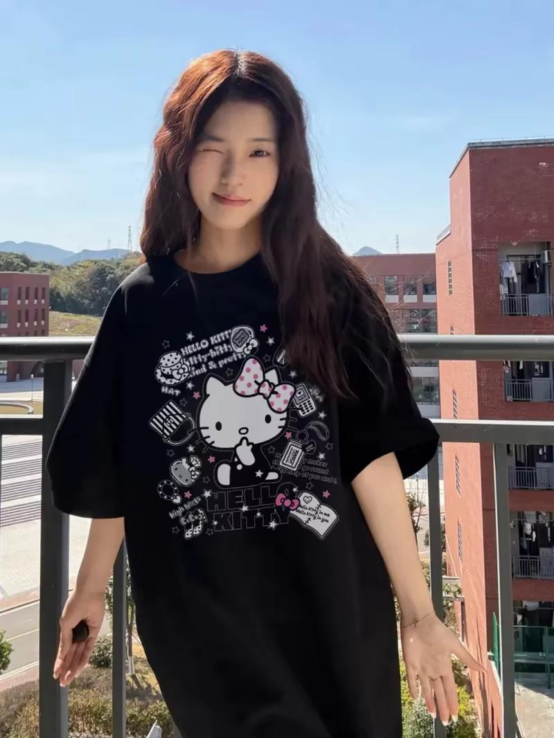 

2026 Summer HelloKitty Cartoon Graphic Tee Casual Short Sleeve Cotton Tops for Adults Kids Lovely Kawaii Streetwear Style S