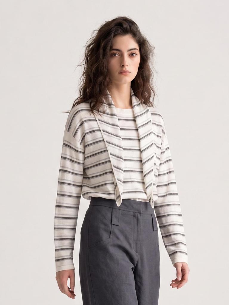 Women's Lightweight Striped Wool Pullover Sweater & Scarf Set - Anti-static, Machine Washable