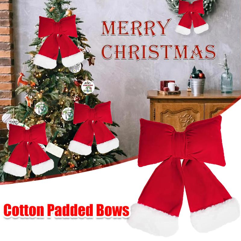 1PC Cotton Padded Bows Home Decor Flannel Christmas Velvet Bow Decoration Thanksgiving With White Fur Trim Holiday Decor 3 Sizes
