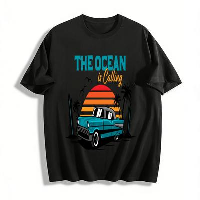 Vintage Coastal Classic Car Print Tee The Ocean Calling Vacation Top Pure Cotton T-shirt