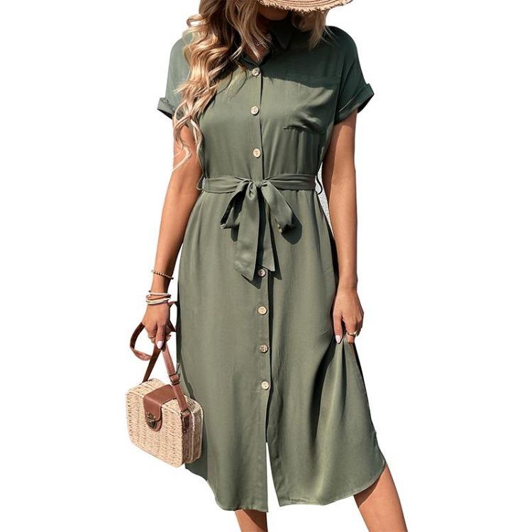 Women's Summer Lace Up Dress Solid Color Turn Down Collar Single Breasted Split Design