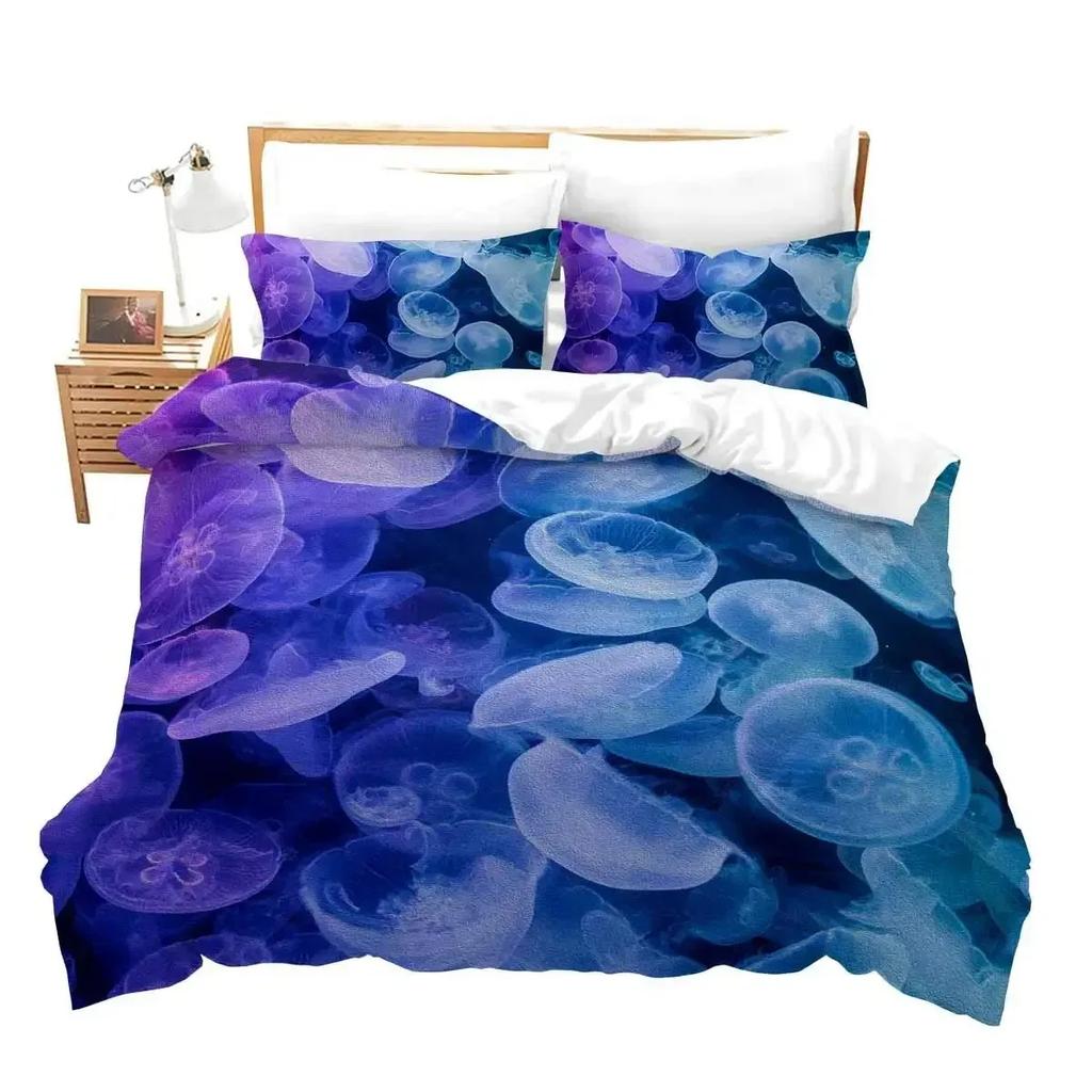 Teal Warm Comforter Cover Set King-Sized Dimensionsd Dimensions Ocean Decor,Jelyfish Soft Duvet Cover Nautical Sea Beding Set Marine Life Retro