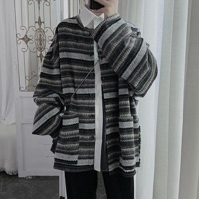 Men's Retro Striped Wool Cardigan Coat - Design-Focused, Loose Fit, Perfect for Autumn and Winter