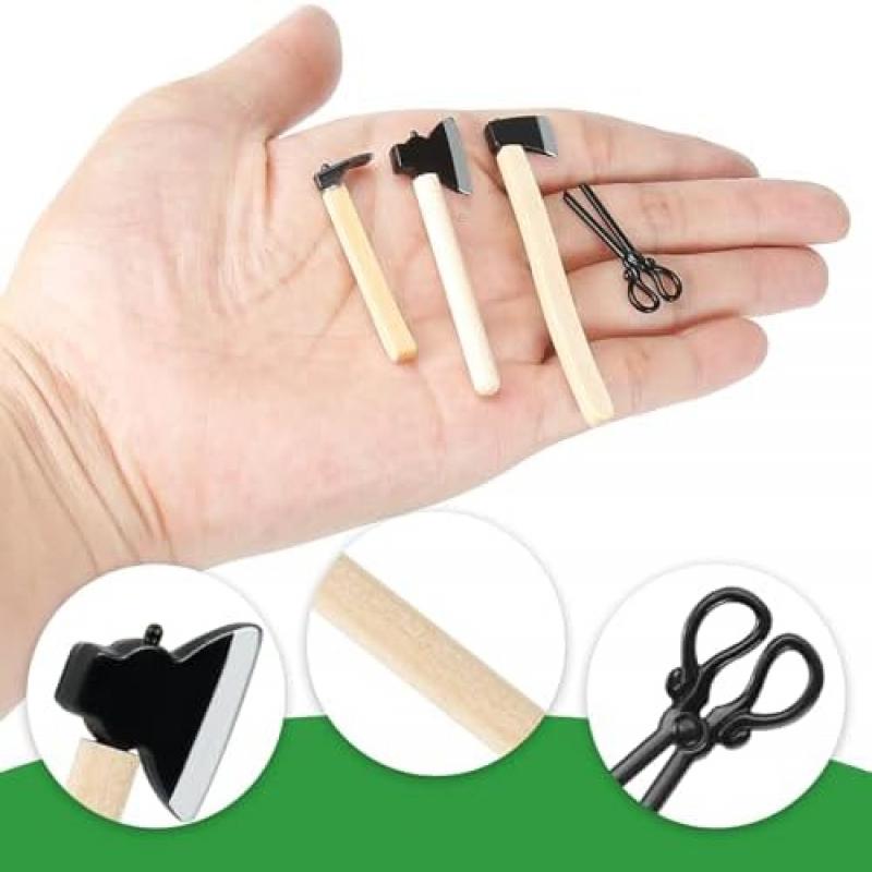 Wichtel Miniature Tool Set - 3 Piece Mini Axe with Firewood Accessories for Dollhouse, Miniature Models & Fairy Garden Decor