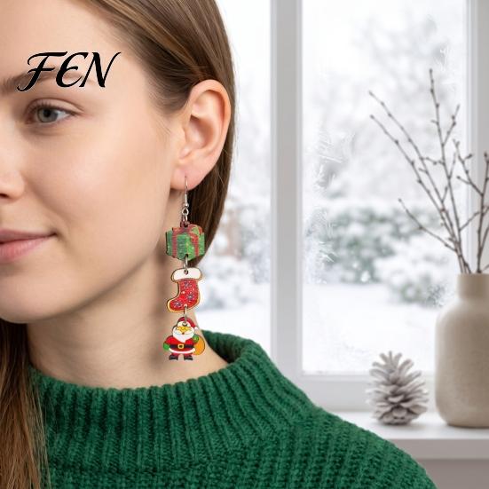 Decorative Wood Earrings 1 Pair Christmas Wooden Dangle Drop for Women, Cute Santa Red Green Holiday Decor Gingerbread Candy Cane Earrings,