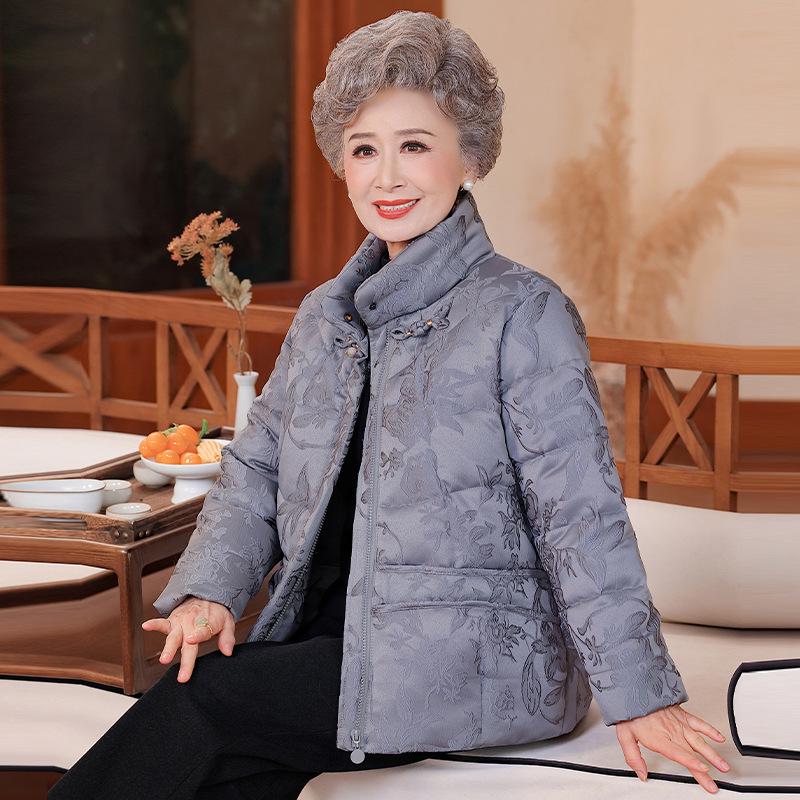 Elegant Winter White Duck Down Jacket for Middle-Aged & Elderly Women - Short, Chinese Style