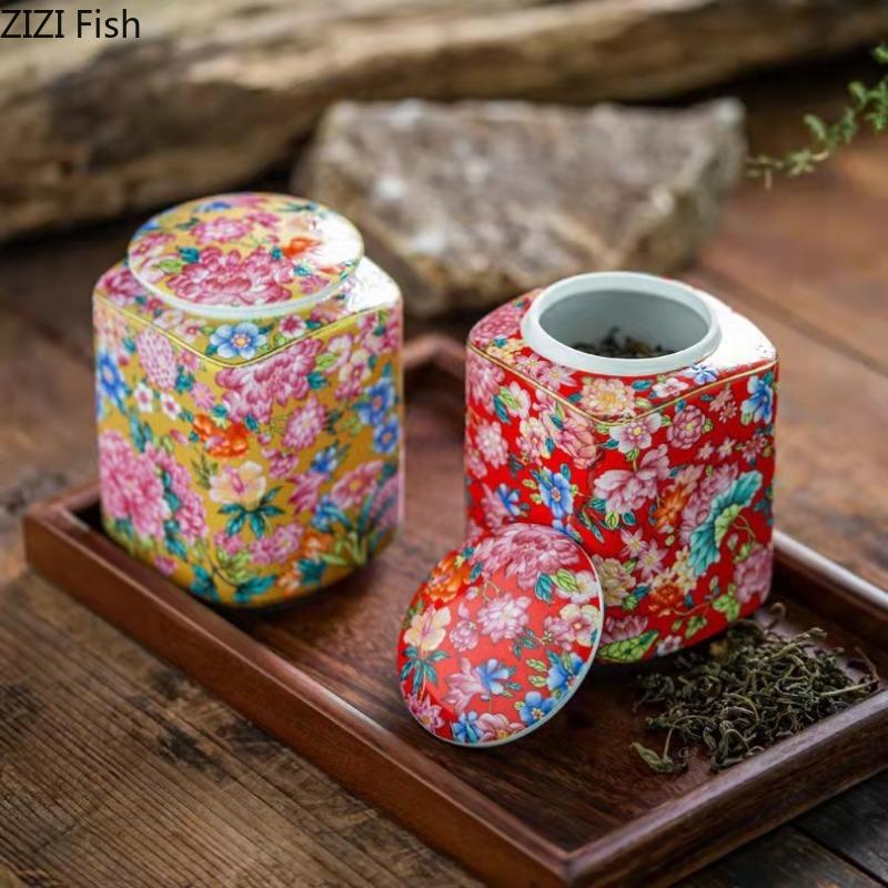 Flower Pattern Ceramic Tea Can Creative Sealing General Can Kitchen Moisture-proof Tea Storage Can Home Tea Ceremony Accessories