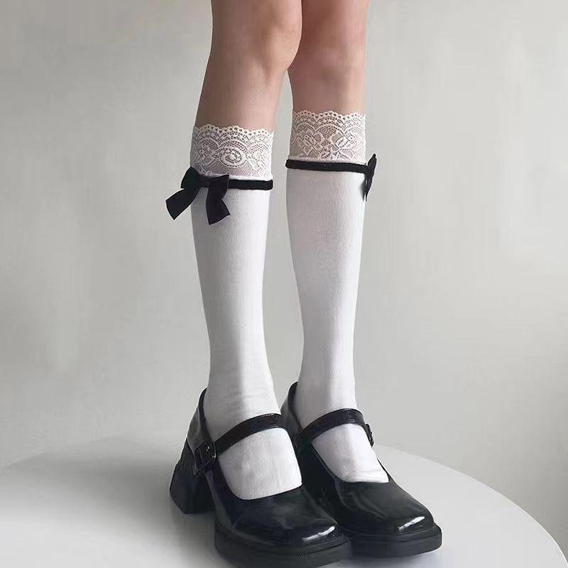 

Sweet Lace Patchwork Calf Socks Lolita Bow White Cutewomen Mid-Tube Socks one size білий