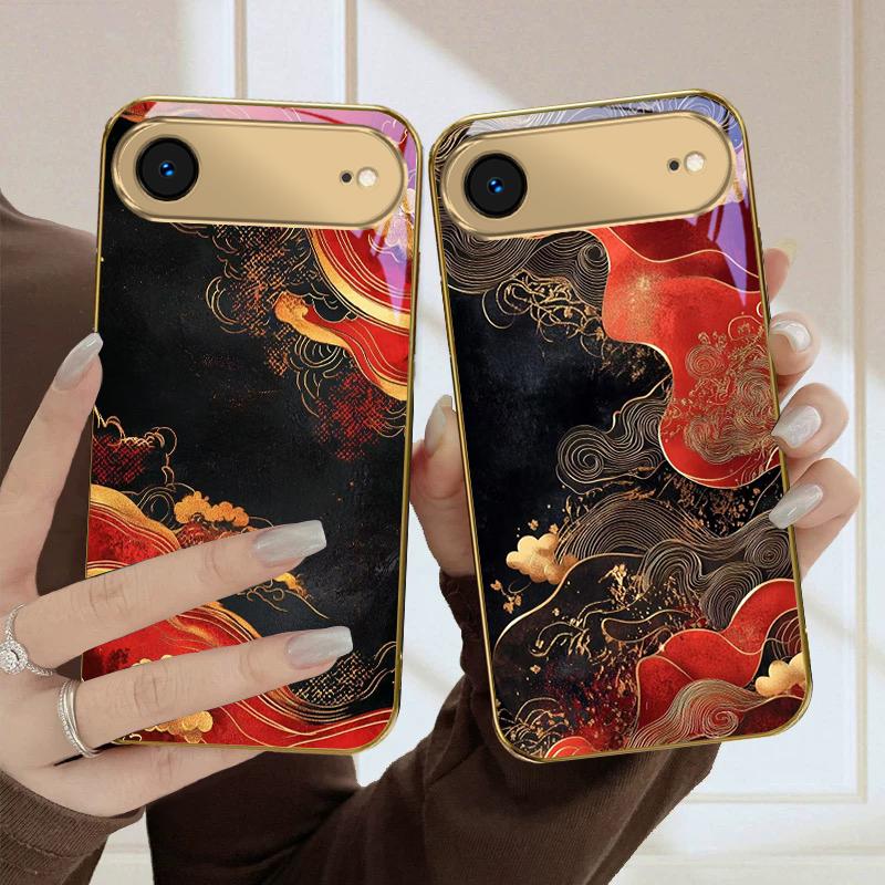 Red vortex pattern For iPhone 17 Air 16E 15 PRO 14 13 Plus 12 mini 11 17 Pro Max XR 16 17Pro Max 15Pro Golden glass phone case