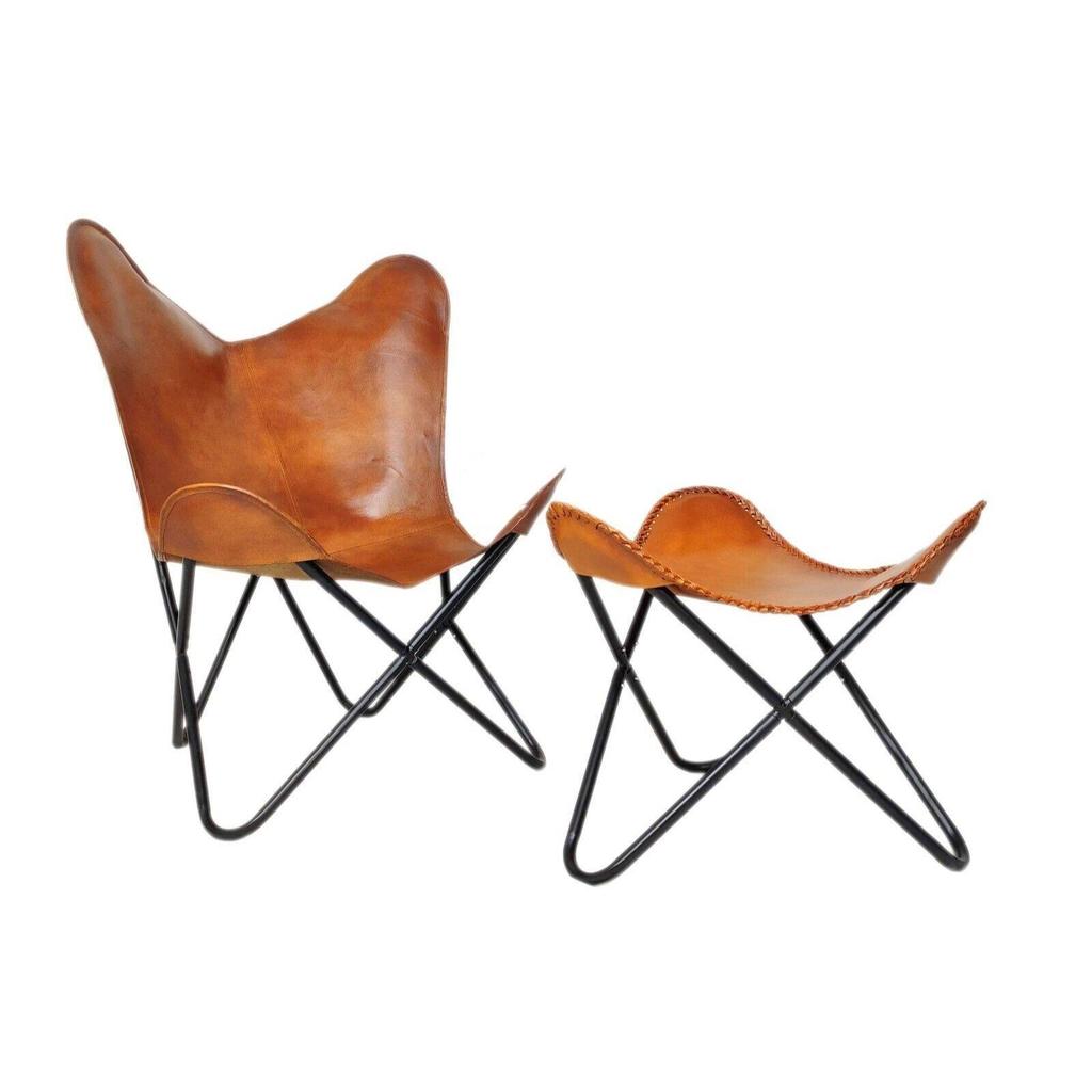 Ensemble de chaise papillon en cuir avec pouf, chaise/repose-pieds de salon