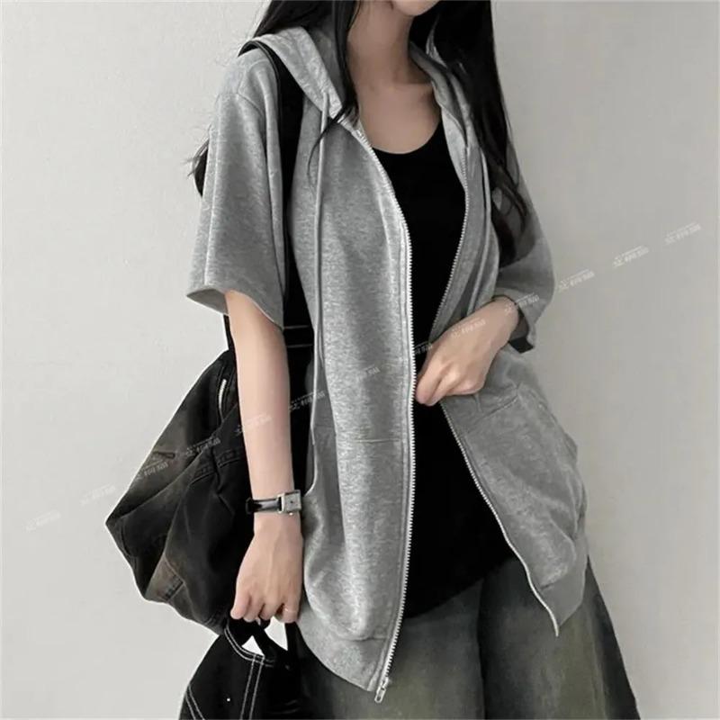 

Women s Half Sleeve Zip Up Hoodie Loose Fit Casual Oversized Hooded Sweatshirt with Pockets S