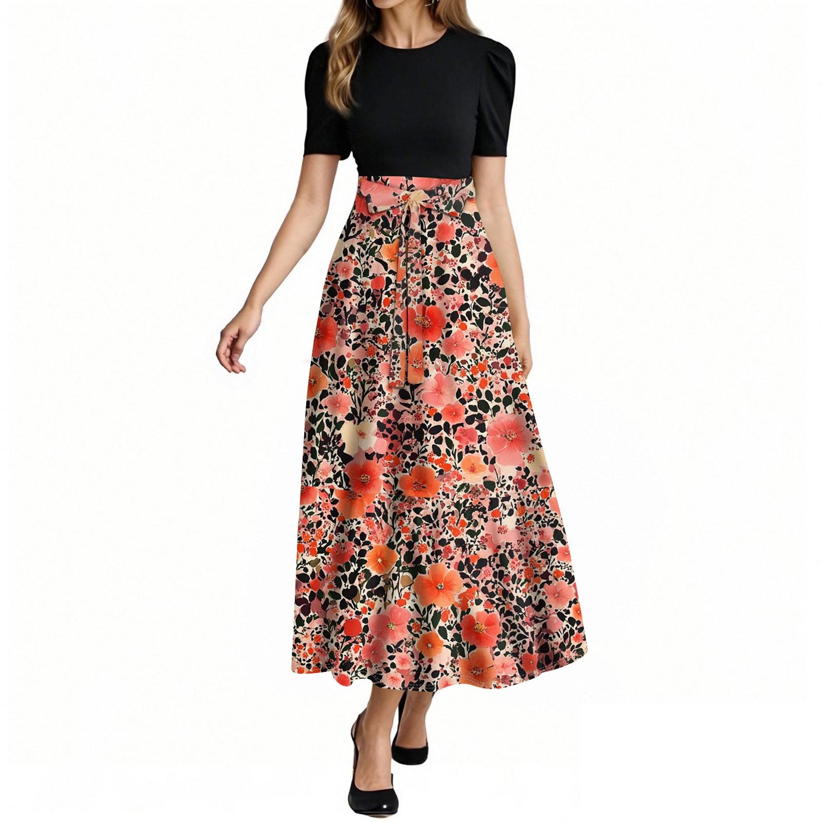 

Women s Fashion Casual Belt Short Sleeve Round Neck Floral Stitching Elegant Temperament Dress XXL киноварь