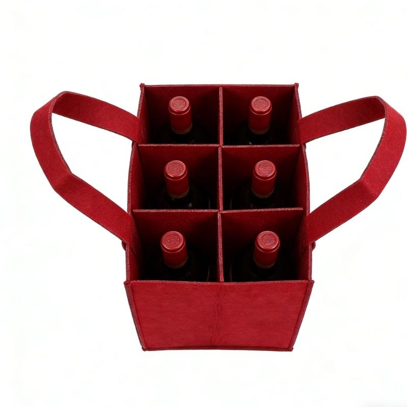 Elegant Felt Wine Bottle Carriers Bag 6 Bottle Bag With Secure Inner Dividers And Comfortable Handle For Safe Transport