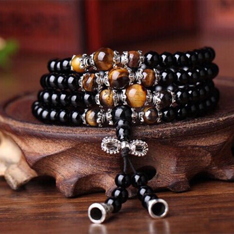 Lucky Gift 108 Mala Beads Six Words Mantra Obsidian Onyx Meditation Yoga Stone Bracelet Necklace Amulet Bracelet&Bangles Jewelry
