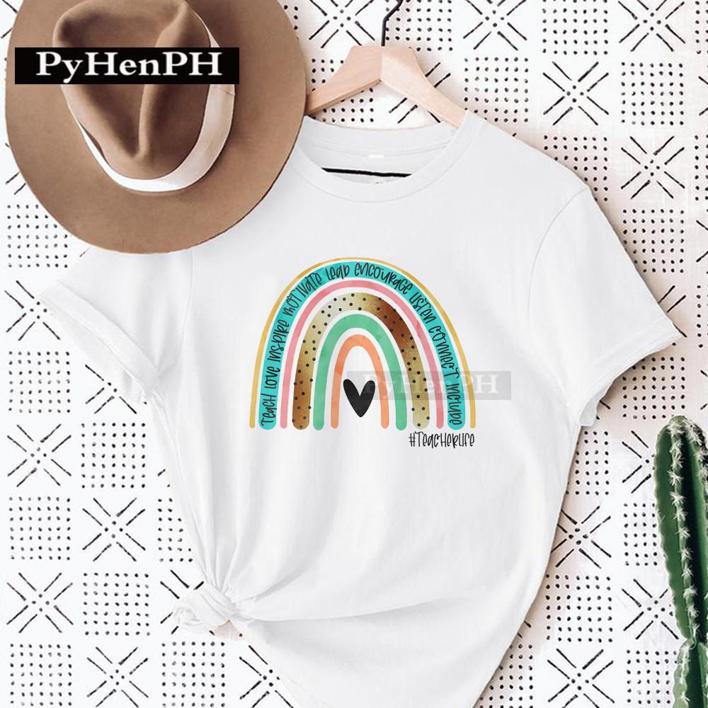 Womens Fashion Rainbow Teacher Graphic TShirt Loose Fit Casual round Neck Aesthetic Top Ins Style Modal fabric