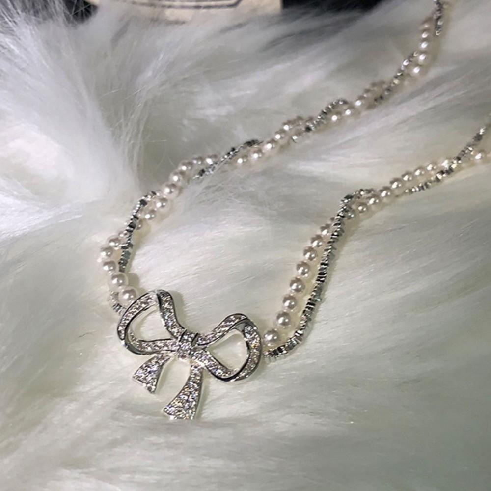 Clavicle Chain Silver Bowknot Necklace Pearl Simple Pendant Chain Bow Necklace Pendant  Girls/Women