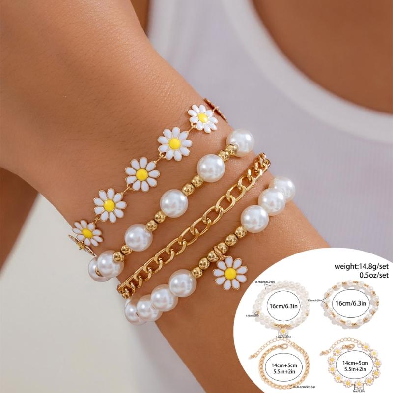 Daisy Pendant Bracelet Set with Faux Pearls Colorful Beaded Handchain Accessory Stackable Wristchain for Women Girls