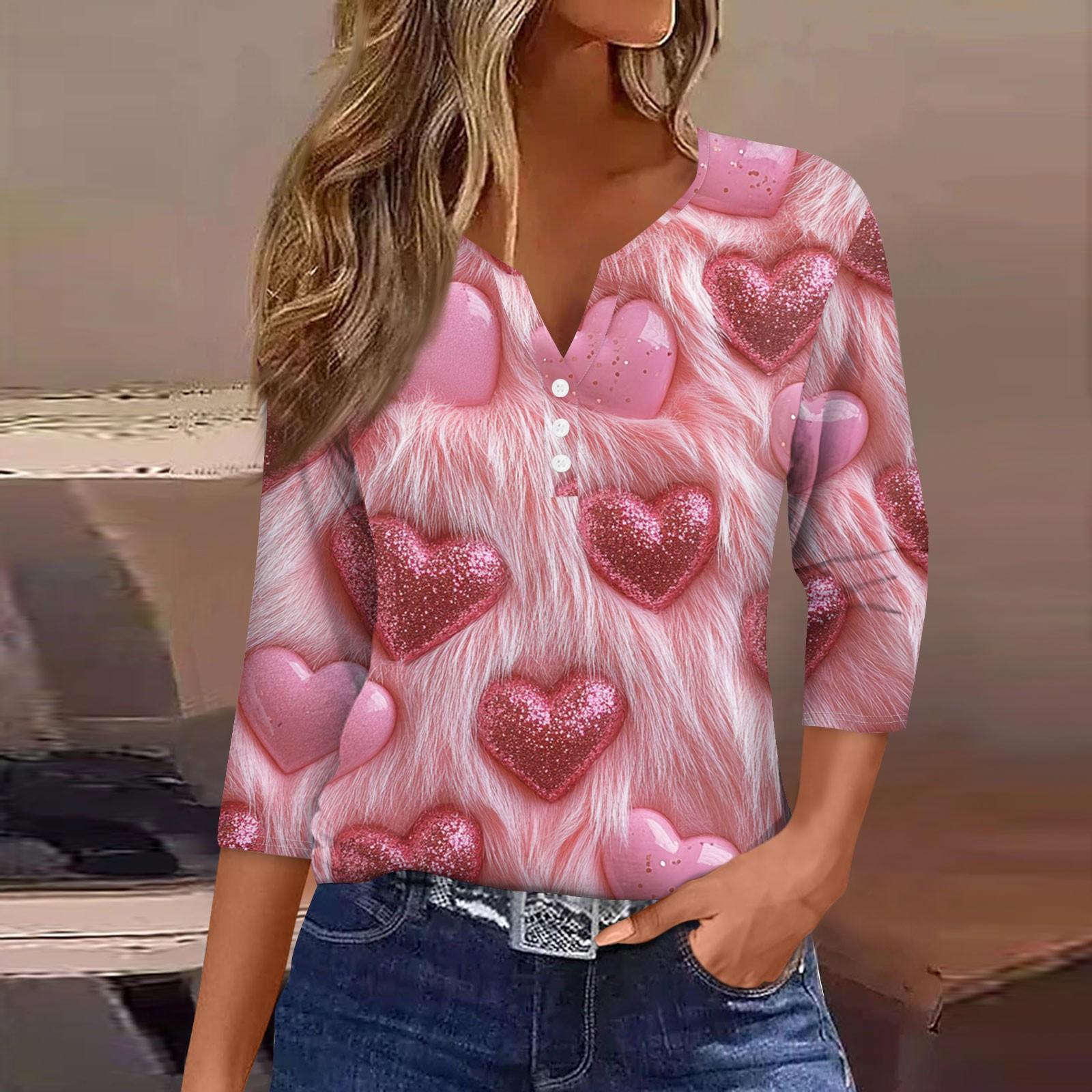 

Женская повседневная футболка с пуговицами, V-образным вырезом, семью рукавами и принтом ко Дню святого Валентина XXL