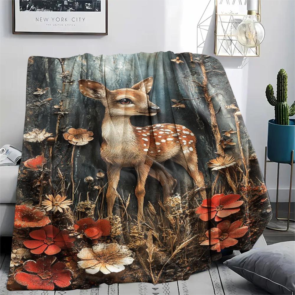 1Pc Vintage Deer Art Print Flannel Blanket, High Quality Comfortable for All Seasons, Home Decor, Warmth and Comfort, Perfect for Gifts