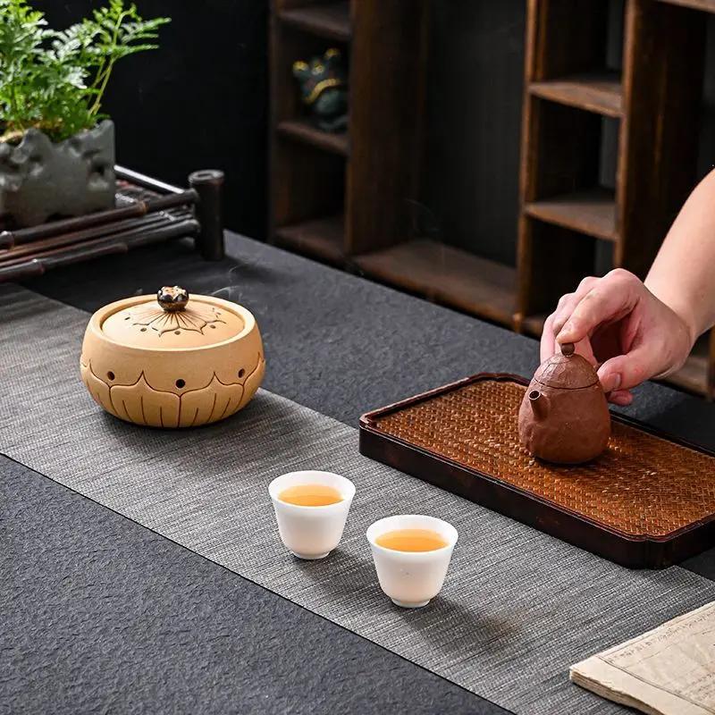 Coarse Ceramic Lotus Shape Incense Burner, Retro Indoor Aroma Rack Chinese Zen Tea, Living Room Decor, Home Fragrance Stove, 1Pc