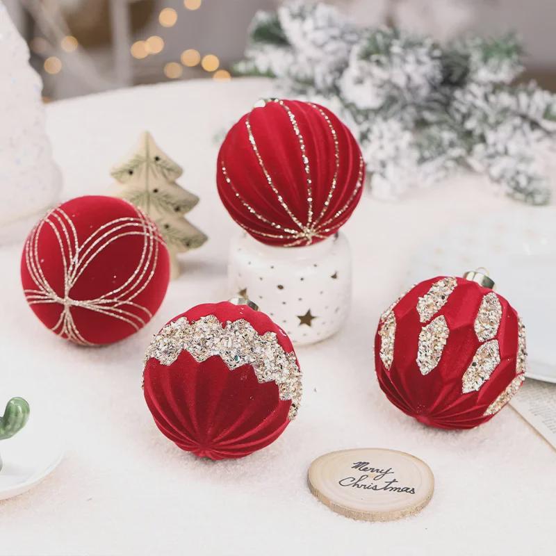 10cm Diamond Flocked Christmas Ball Ornaments - Set of 4