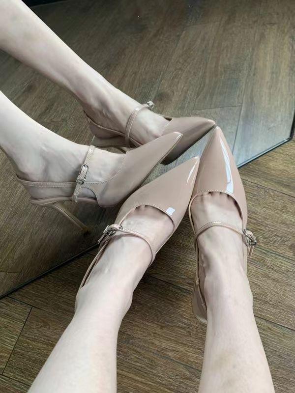 High heels new high-end patent leather bag head pointed shoes women's black one-word buckle strap stiletto sandals
