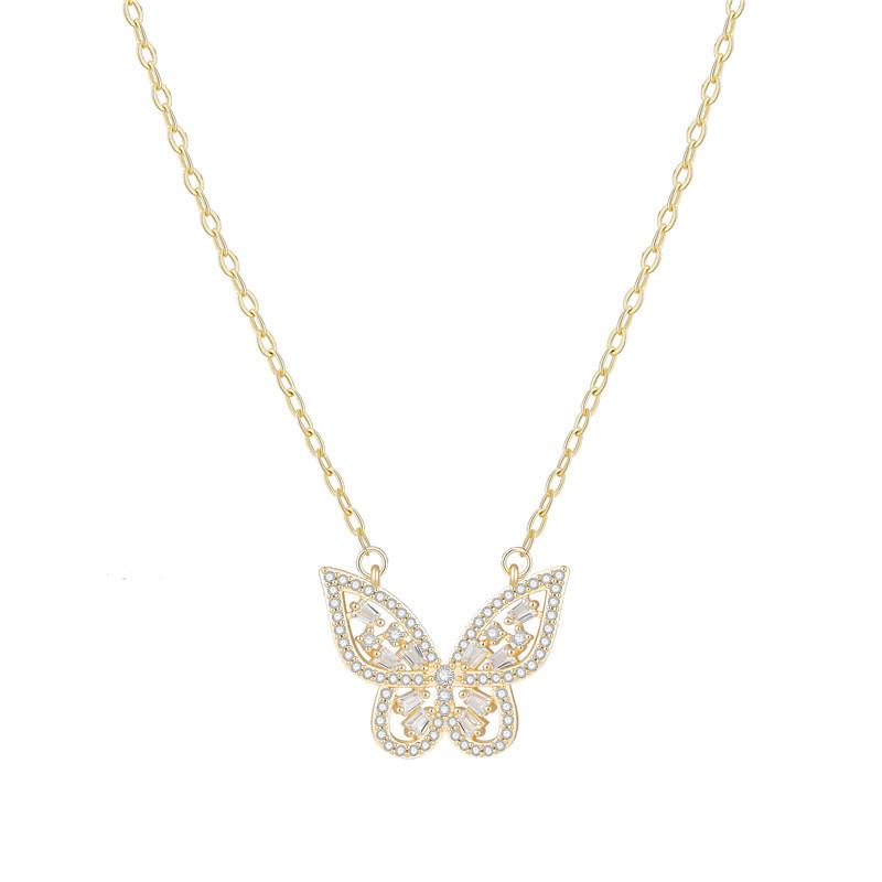 18K Gold Butterfly Series Bronze Necklace with Zircon Butterflies and Diamonds - Light Luxury Clavicle Chain.