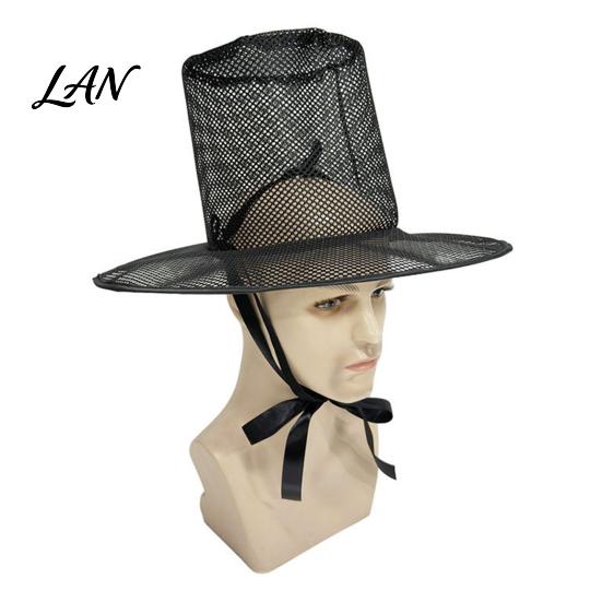 Breathable Costume Hat Vintage Korean Gat Hat, Black Mesh Wide Brim Joseon Dynasty Halloween Performance Scholar with Neck Strap, Cosplay Accessory