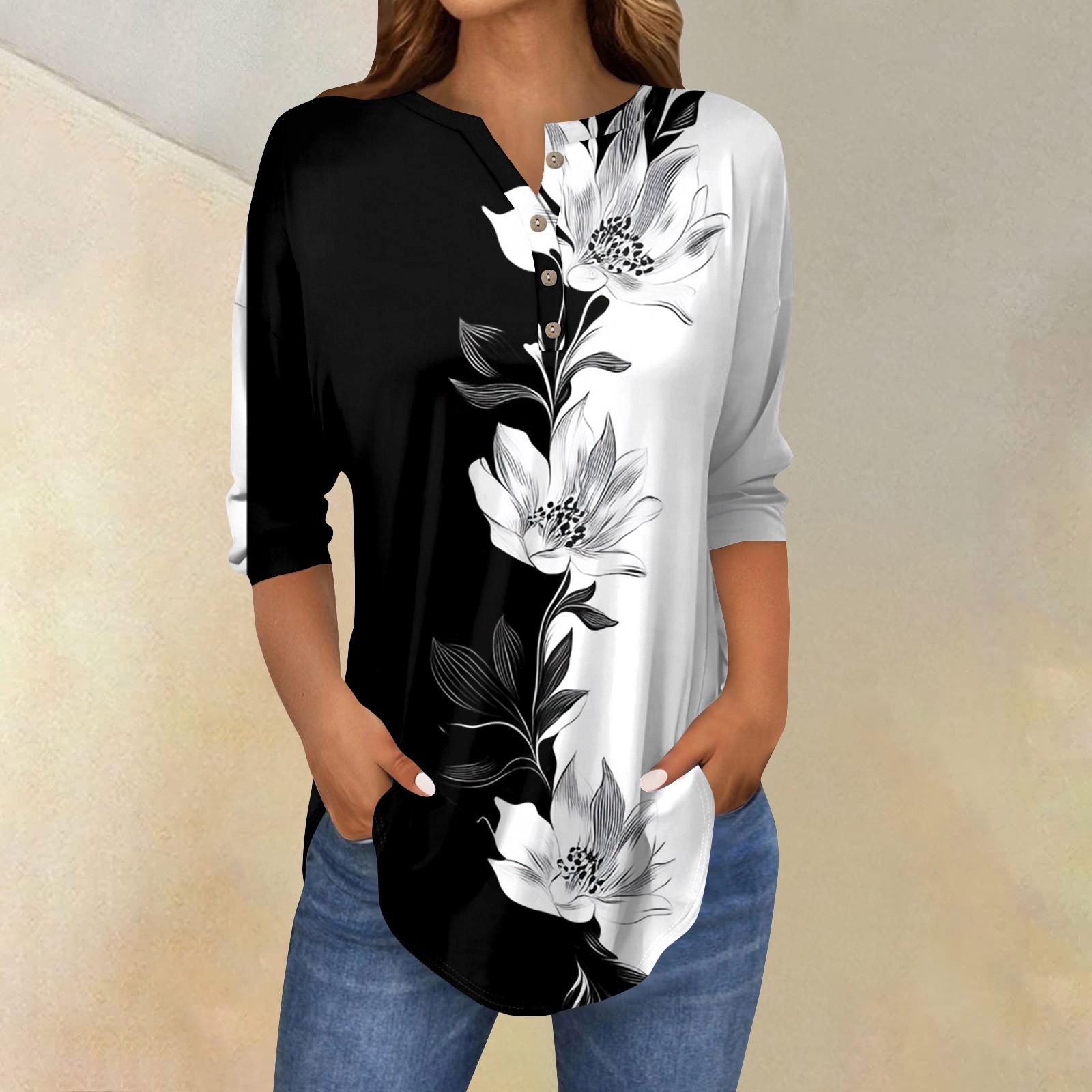 

Женская свободная футболка с воротником на пуговицах и винтажным цветочным принтом, рукав три четверти XL небесно-голубой