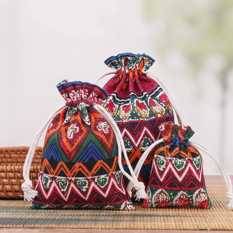 Printed Cotton Linen Drawstring Jewelry Gift Pouch