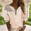 Women Plus Size V Neck Front Zip Blue Beige Watercolor Printed Long Sleeve Sweatshirt