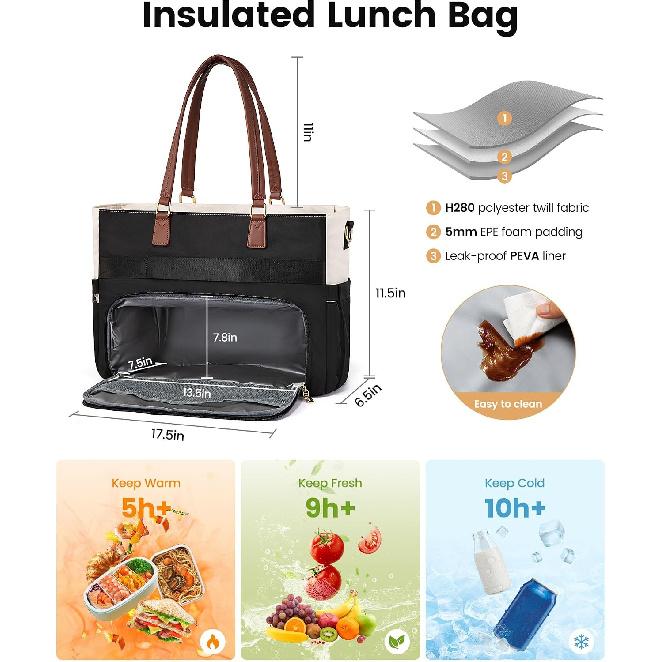 LOVEVOOK Lunch Bag, Tote Bag for Women with Insulated Lunch Compartment, Laptop Bag with Large Capacity & Cup Holder, Work Tote for Teacher, Nurse,